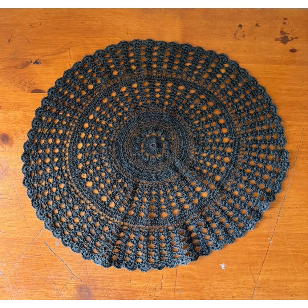 Handmade Black Crochet Doily Round Lace Table Mat Scalloped Edge Gothic Drama